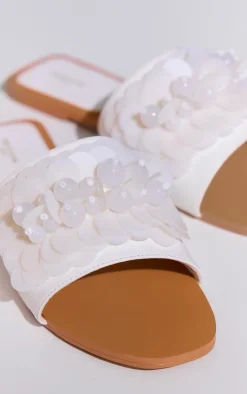 Wide Fit White PU Round Toe Sequin Strap Mule Sandals