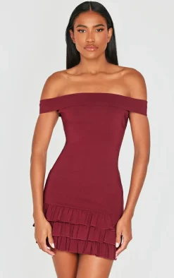 Wine Bardot Tiered Shift Dress