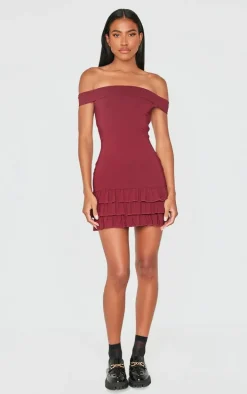 Wine Bardot Tiered Shift Dress