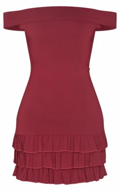 Wine Bardot Tiered Shift Dress