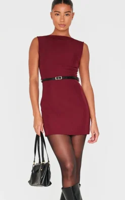 Wine Belted Boat Neck Mini Dress