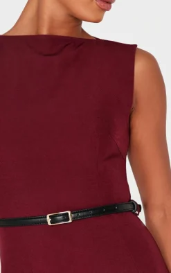 Wine Belted Boat Neck Mini Dress