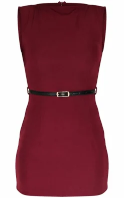 Wine Belted Boat Neck Mini Dress