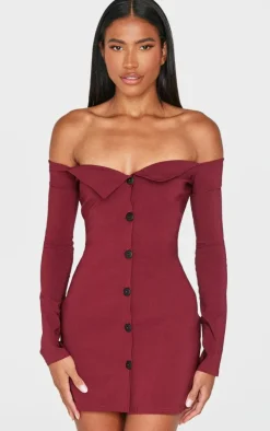 Wine Button Detail Bardot Bodycon Dress