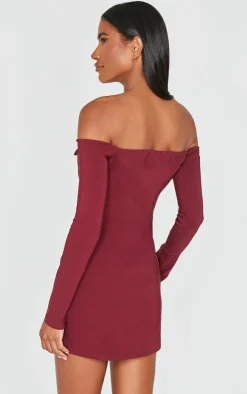 Wine Button Detail Bardot Bodycon Dress