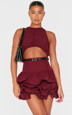 Wine Cut Out Belted Frill Hem Shift Dress
