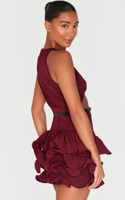 Wine Cut Out Belted Frill Hem Shift Dress