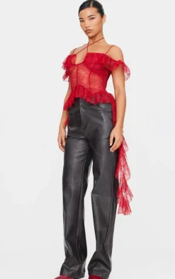 Wine Lace Ruffle Halterneck Long Top