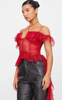 Wine Lace Ruffle Halterneck Long Top