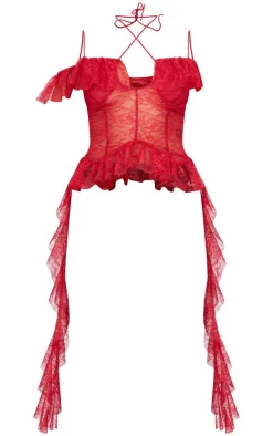 Wine Lace Ruffle Halterneck Long Top