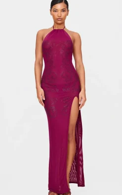 Wine Lined Mesh Diamante Detail Split Maxi Dress