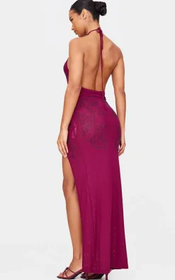 Wine Lined Mesh Diamante Detail Split Maxi Dress