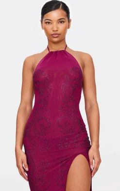 Wine Lined Mesh Diamante Detail Split Maxi Dress