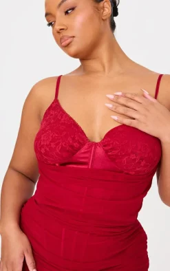 Wine Ruched Maxi Dress With Corset Underlay