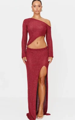 Wine Sequin Knit Asymmetric Long Sleeve Crop Top