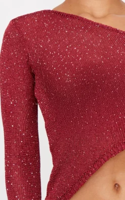 Wine Sequin Knit Asymmetric Long Sleeve Crop Top