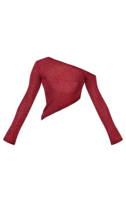 Wine Sequin Knit Asymmetric Long Sleeve Crop Top