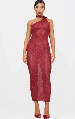 Wine Sequin Knit Tie Neck Maxi Dress