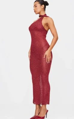 Wine Sequin Knit Tie Neck Maxi Dress