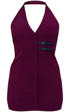 Wine Stretch Woven Belted Bodycon Dress