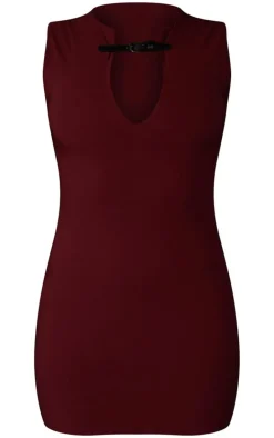 Wine Stretch Woven Keyhole Belted Bodycon Dress