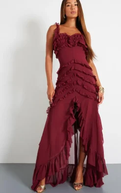Wine Tiered Frill Detail Maxi Dress