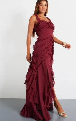 Wine Tiered Frill Detail Maxi Dress