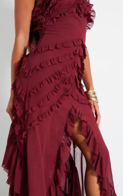 Wine Tiered Frill Detail Maxi Dress