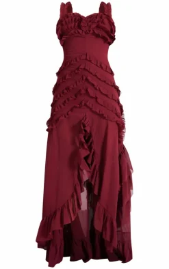 Wine Tiered Frill Detail Maxi Dress