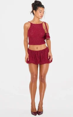 Wine Tinsel Knit Detail Puffball Skirt