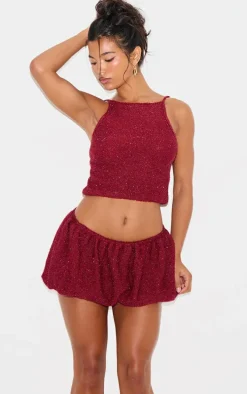 Wine Tinsel Knit Detail Puffball Skirt
