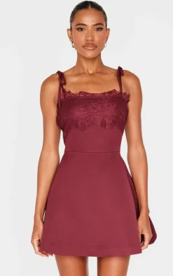 Wine Woven Lace Detail Tie Strap A Line Shift Dress