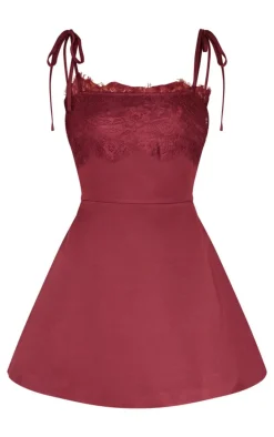 Wine Woven Lace Detail Tie Strap A Line Shift Dress