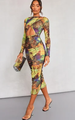 Yellow Abstract Print Ruched Mesh Long Sleeve Maxi Dress