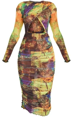 Yellow Abstract Print Ruched Mesh Long Sleeve Maxi Dress