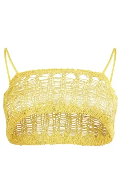 Yellow Asymmetric Crochet Sequin Knit Crop Top
