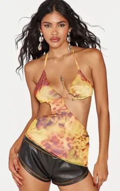 Yellow Cut Out Printed Mesh Long Top