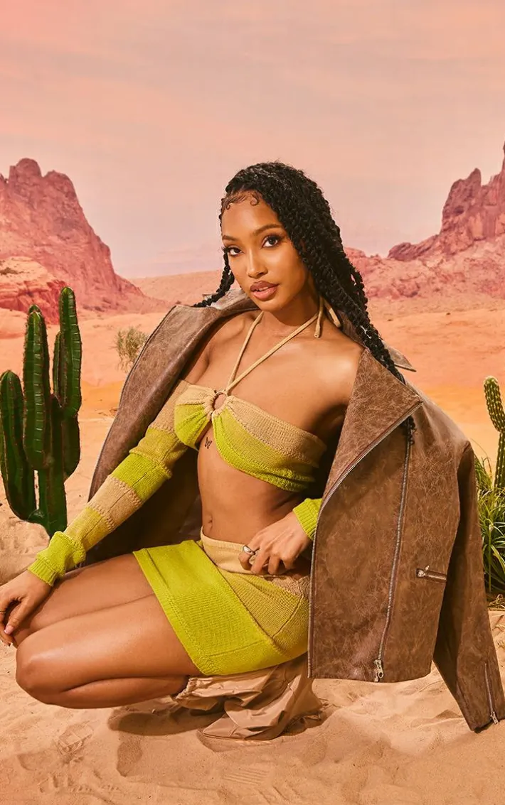 Yellow Cut Out Side Marl Knit Bralet & Sleeves