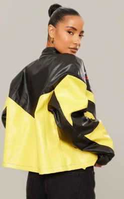 Yellow Faux Leather Contrast Panel Oversized Motocross Jacket