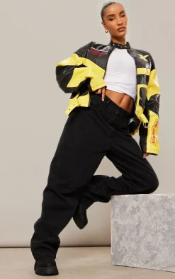 Yellow Faux Leather Contrast Panel Oversized Motocross Jacket