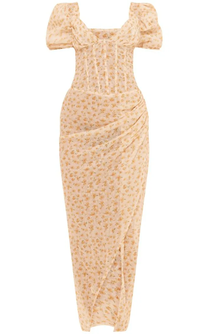Yellow Floral Corset Midaxi Dress