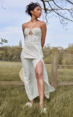 Yellow Floral Lace Trim Corset Split Midi Dress