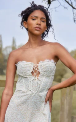 Yellow Floral Lace Trim Corset Split Midi Dress