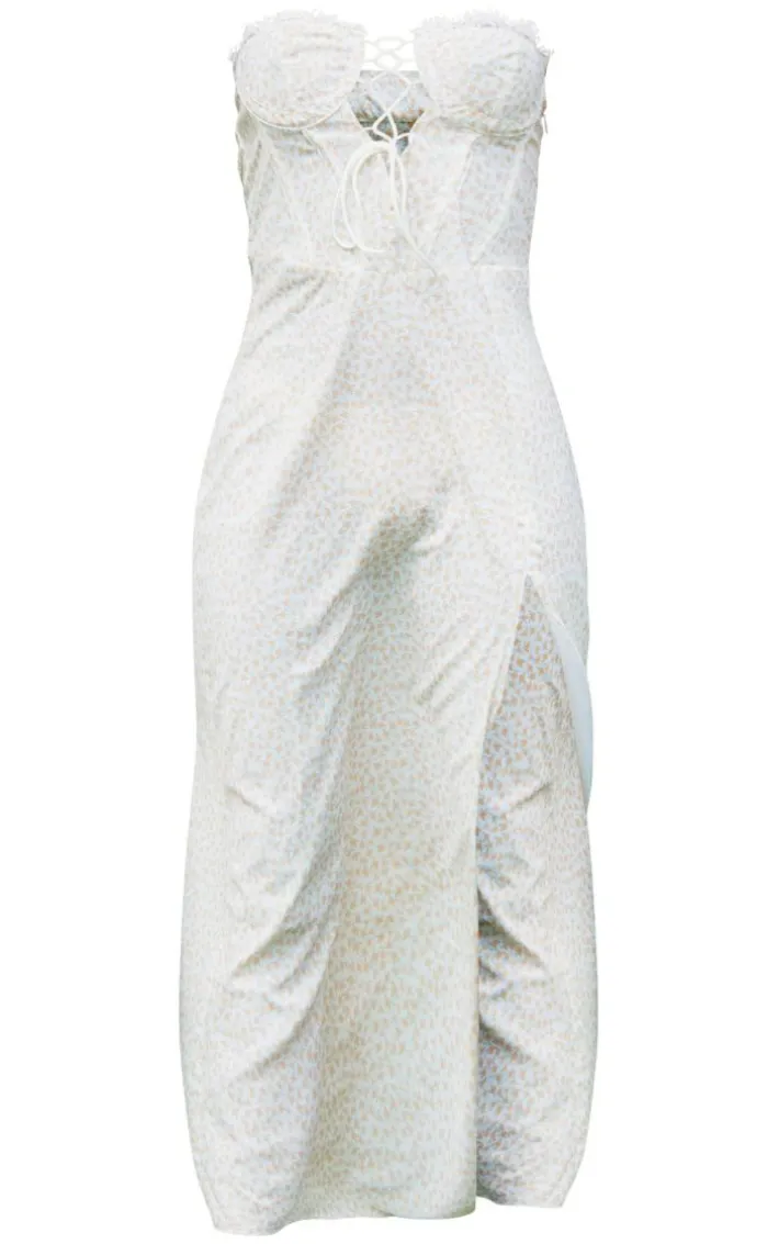 Yellow Floral Lace Trim Corset Split Midi Dress