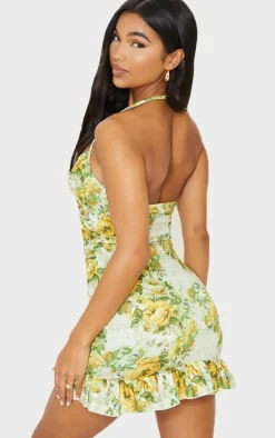 Yellow Floral Print Cut Out Frill Hem Halterneck Shift Dress
