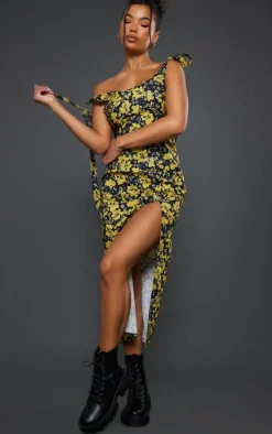 Yellow Floral Print Tie Sleeve Split Midaxi Dress