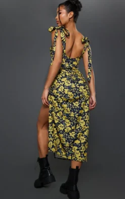 Yellow Floral Print Tie Sleeve Split Midaxi Dress