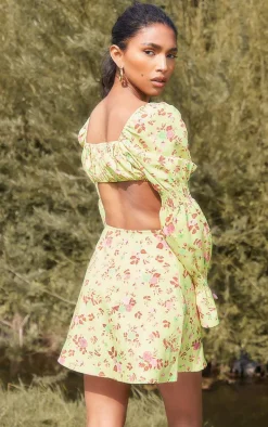 Yellow Floral Print Woven Ruched Long Sleeve Crop Top