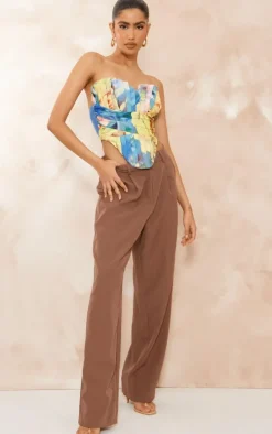 Yellow Floral Print Woven Pleated Drape Front Corset