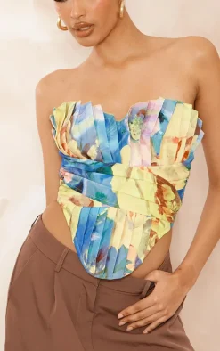 Yellow Floral Print Woven Pleated Drape Front Corset